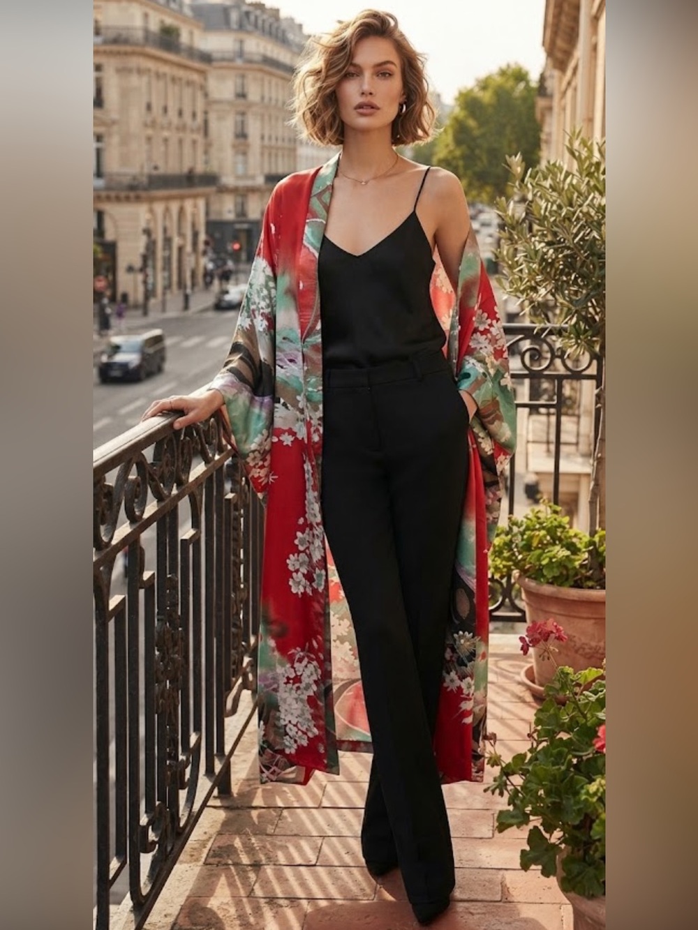 Juguemm Full Length Geisha Kimono Robe - Vibrant Floral & Figure Print